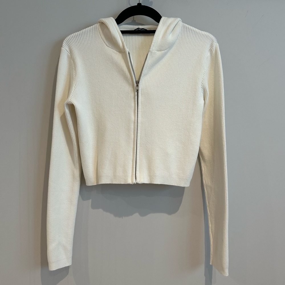 Brandy Melville Off-White Crop Ribbed Zip-Up Hoodie Sweater, Size Small